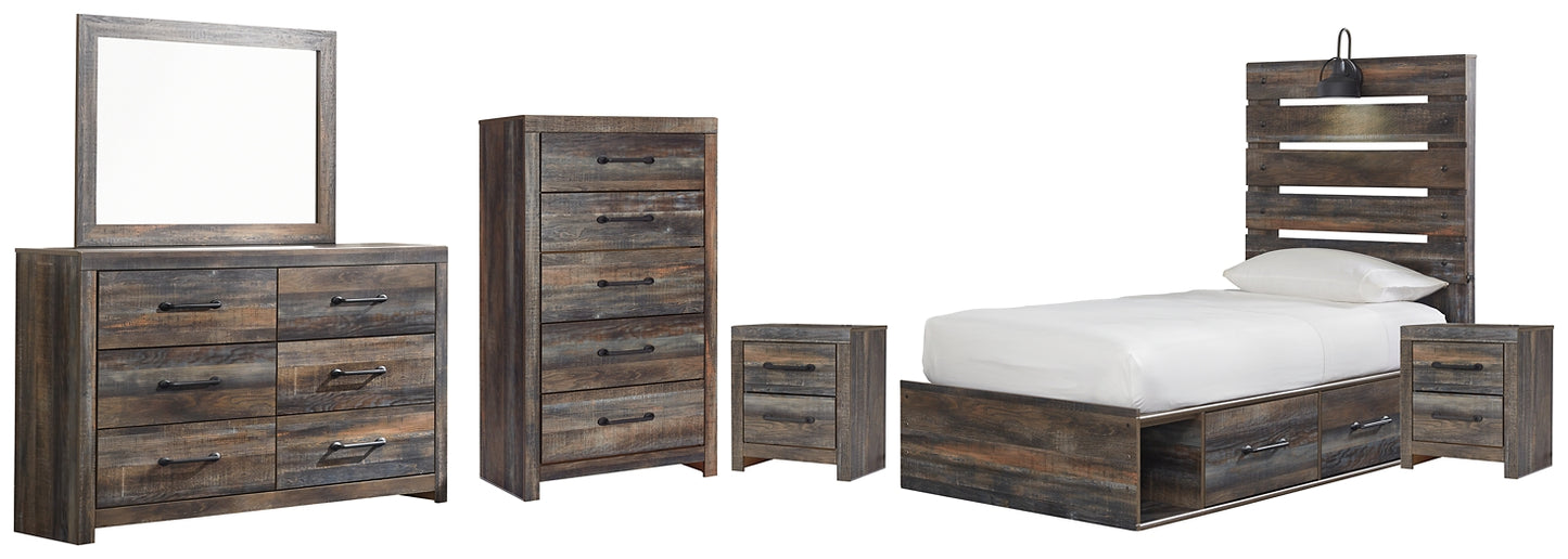 Drystan Panel Bed With 4 Storage Drawers With Mirrored Dresser, Chest And 2 Nightstands
