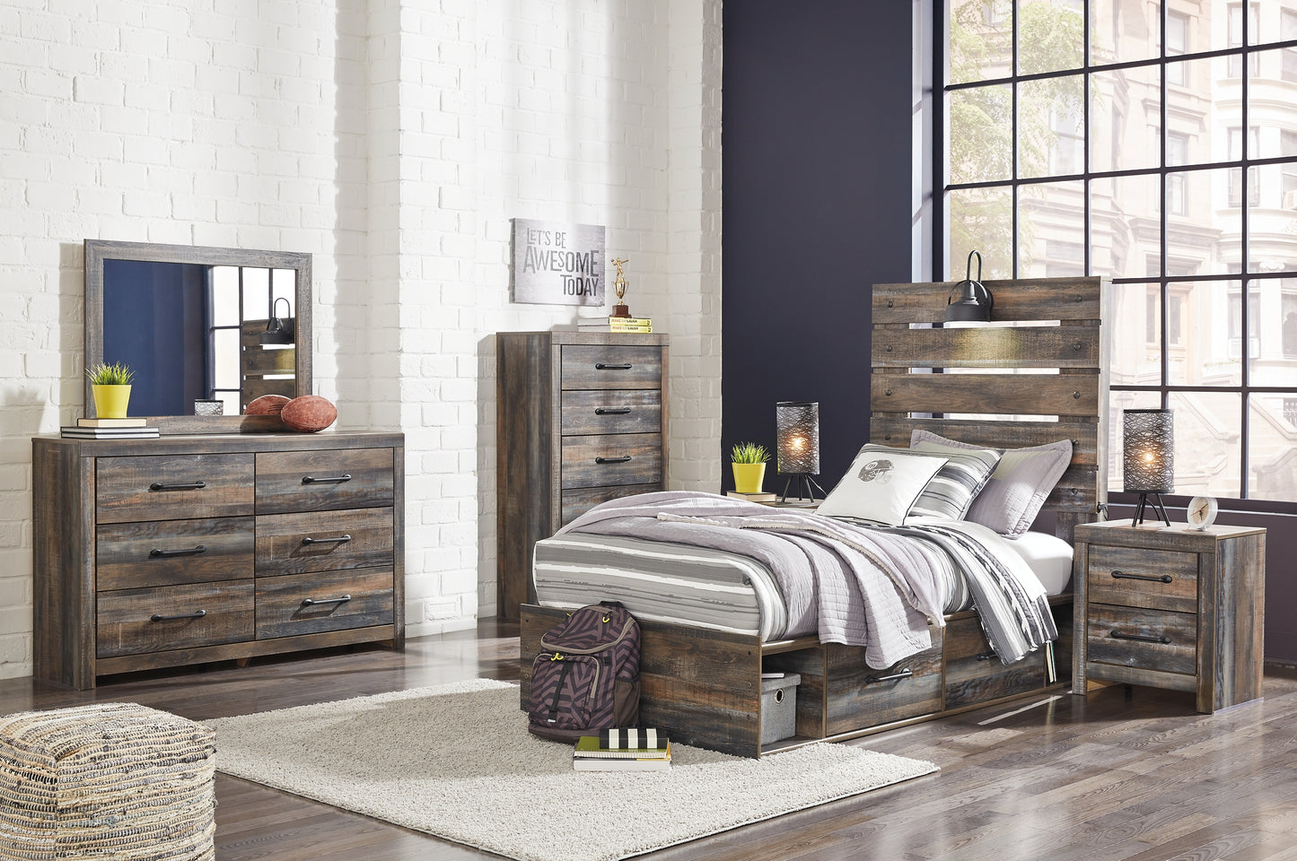 Drystan Panel Bed With 4 Storage Drawers With Mirrored Dresser, Chest And 2 Nightstands