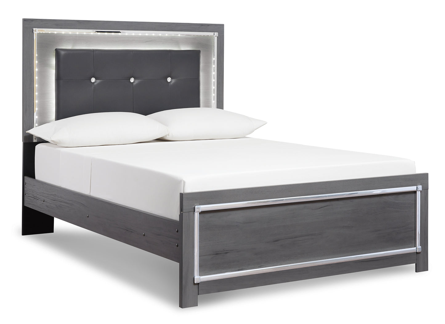 Cama con paneles Lodanna, cómoda con espejo y arcón