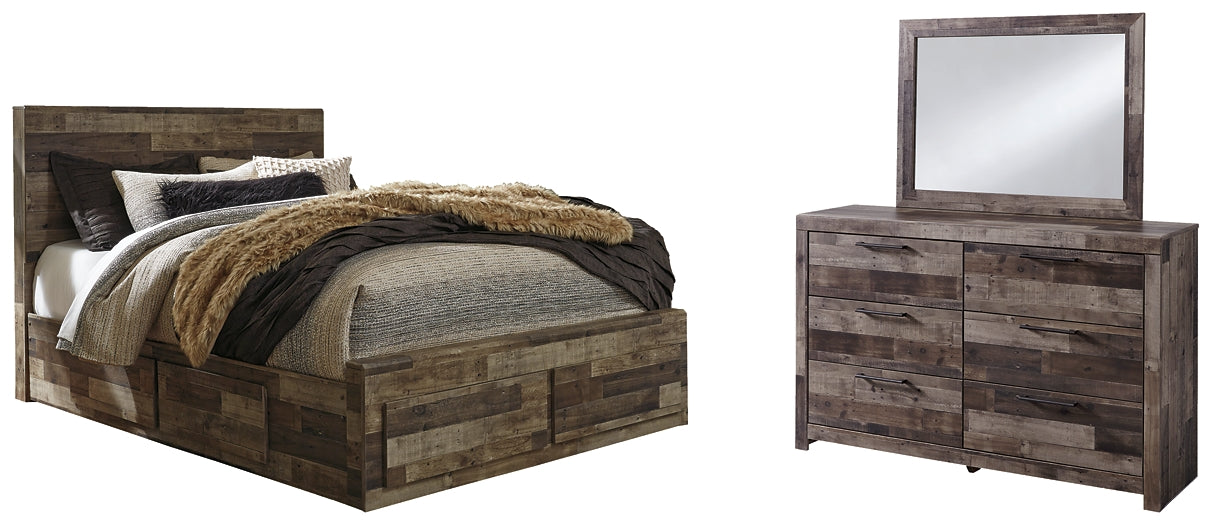 Cama con paneles Derekson con 4 cajones y cómoda con espejo