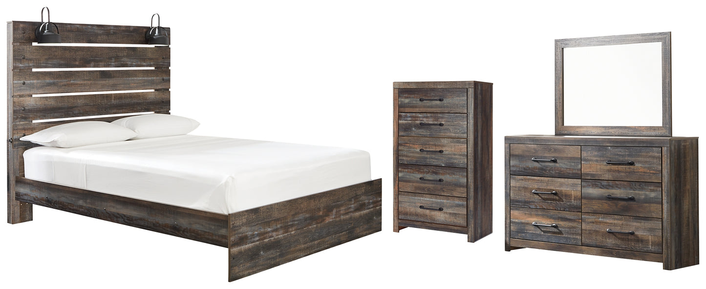 Cama con paneles Drystan, cómoda con espejo y arcón