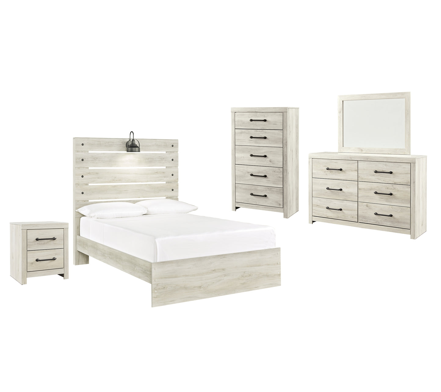 Cama Cambeck con paneles, cómoda con espejo y mesita de noche