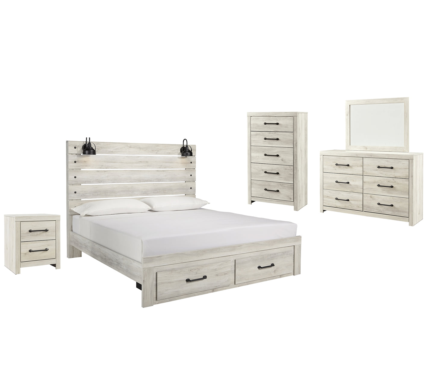 Cama Cambeck con dos cajones, cómoda con espejo y mesita de noche