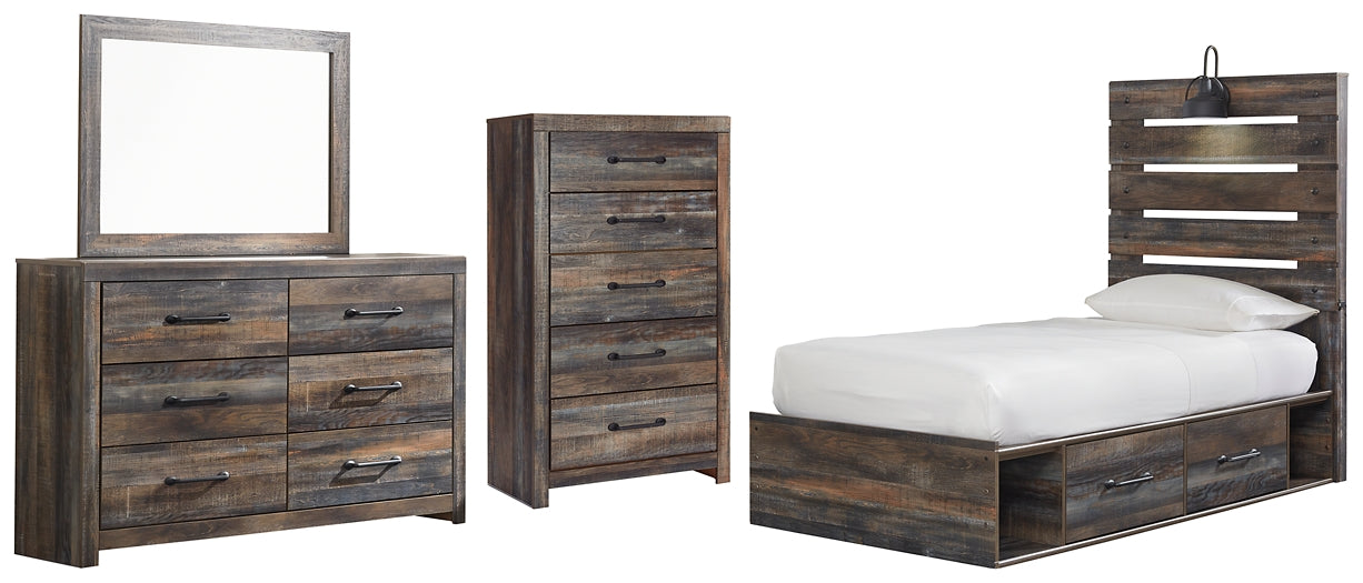 Drystan Panel Bed With 4 Storage Drawers With Mirrored Dresser And Chest