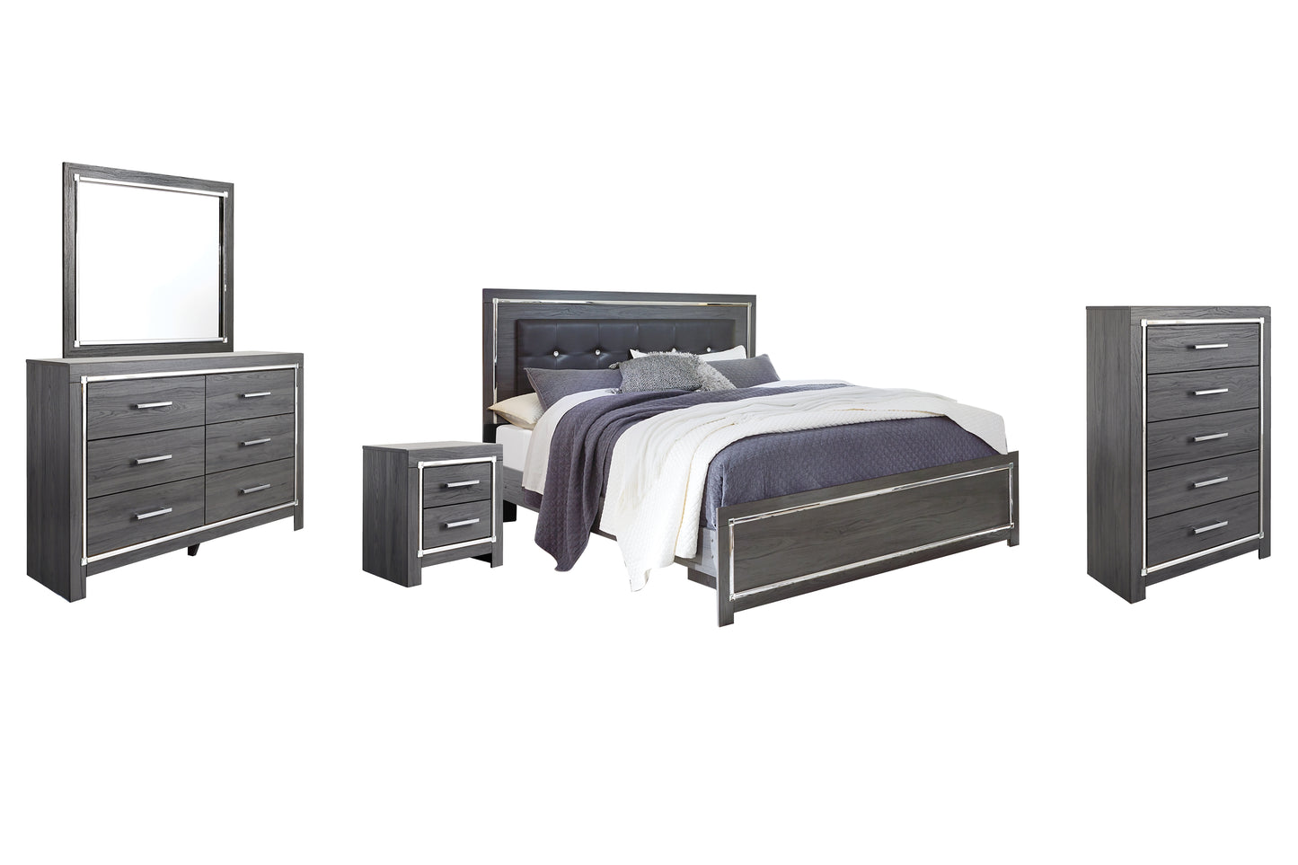 Cama Lodanna con paneles, cómoda con espejo y mesita de noche