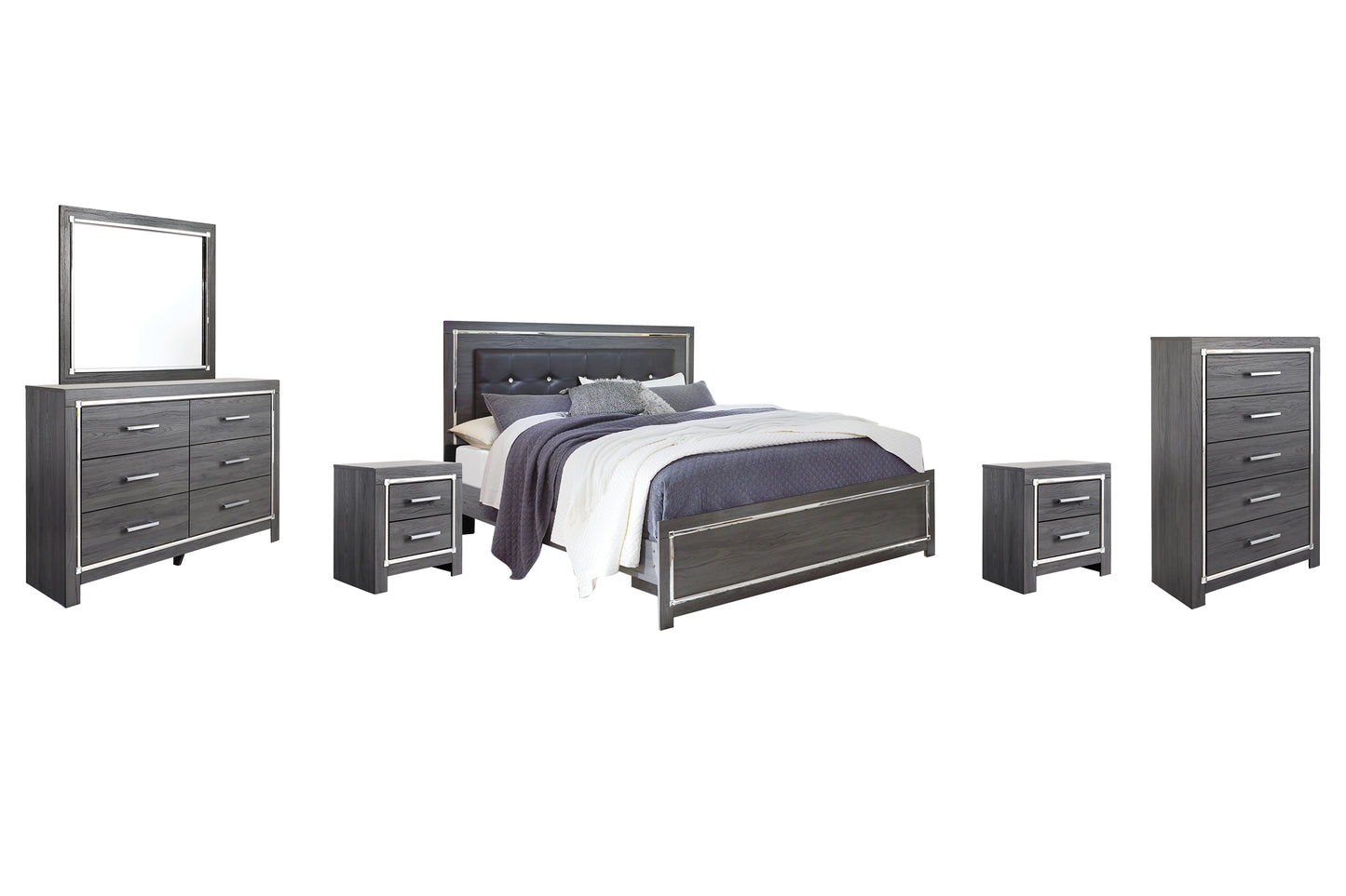 Cama Lodanna con paneles, cómoda con espejo y mesita de noche