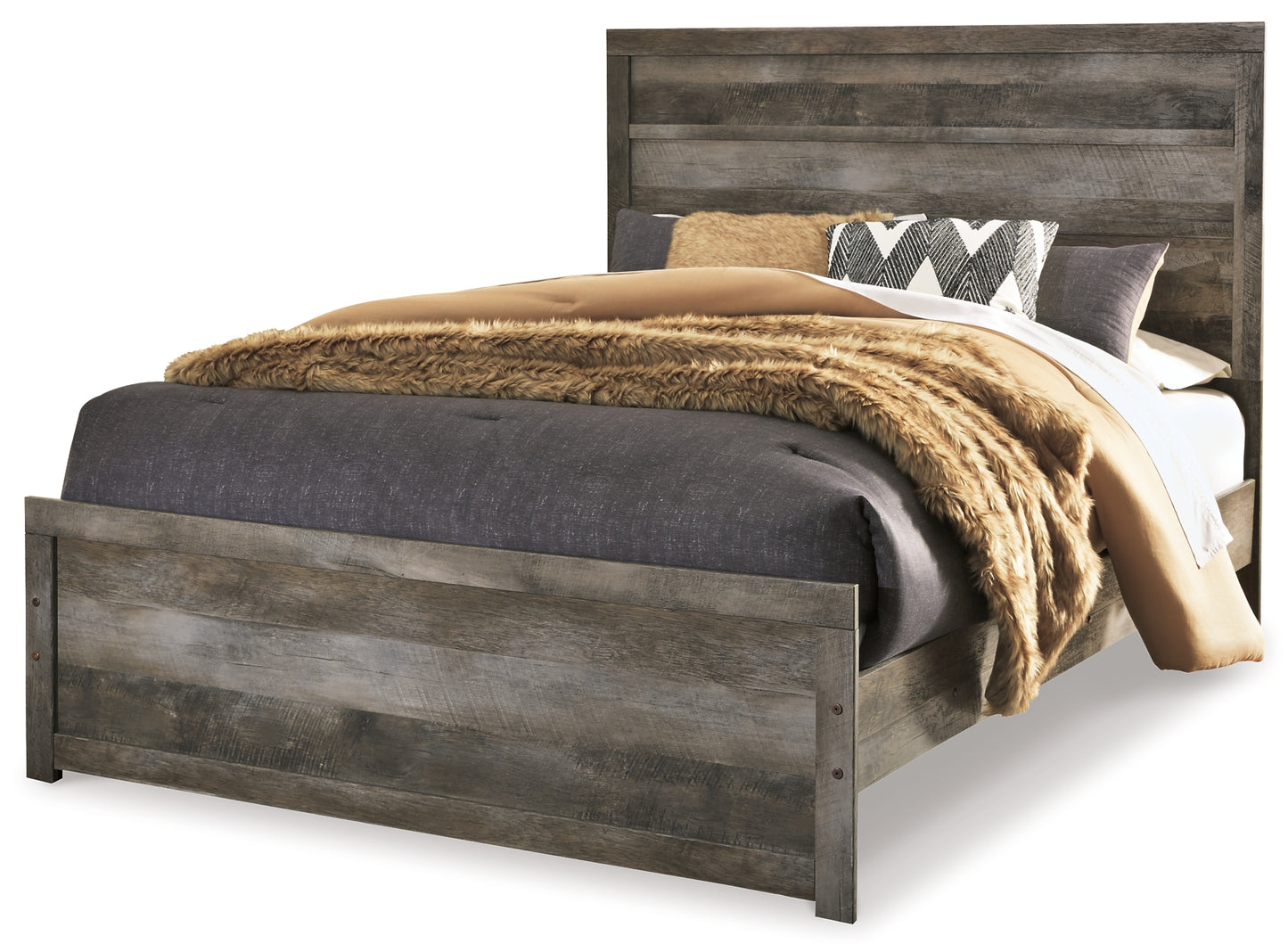 Cama con paneles Wynnlow, cómoda con espejo y mesita de noche
