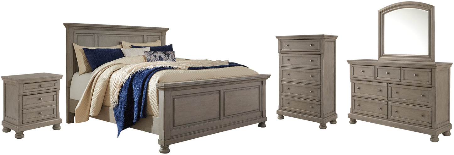 Cama Lettner con paneles, cómoda con espejo y mesita de noche