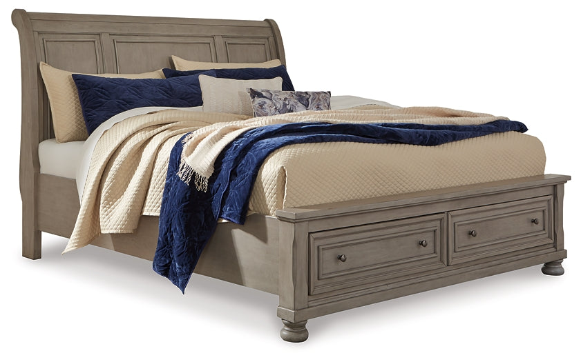 Cama estilo trineo California de Lettner con tocador con espejo, cómoda y mesita de noche