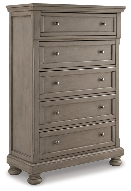 Cama estilo trineo California de Lettner con tocador con espejo, cómoda y mesita de noche