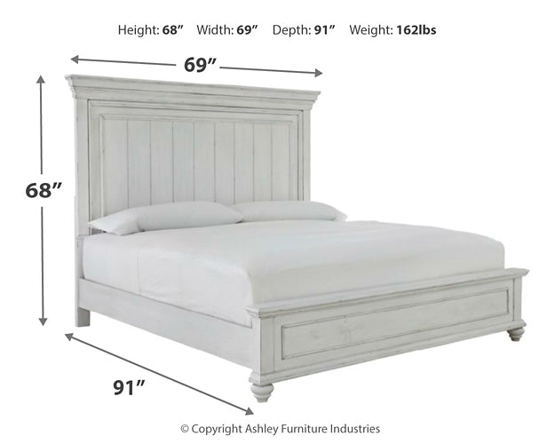 Cama con paneles Kanwyn, cómoda con espejo y mesita de noche