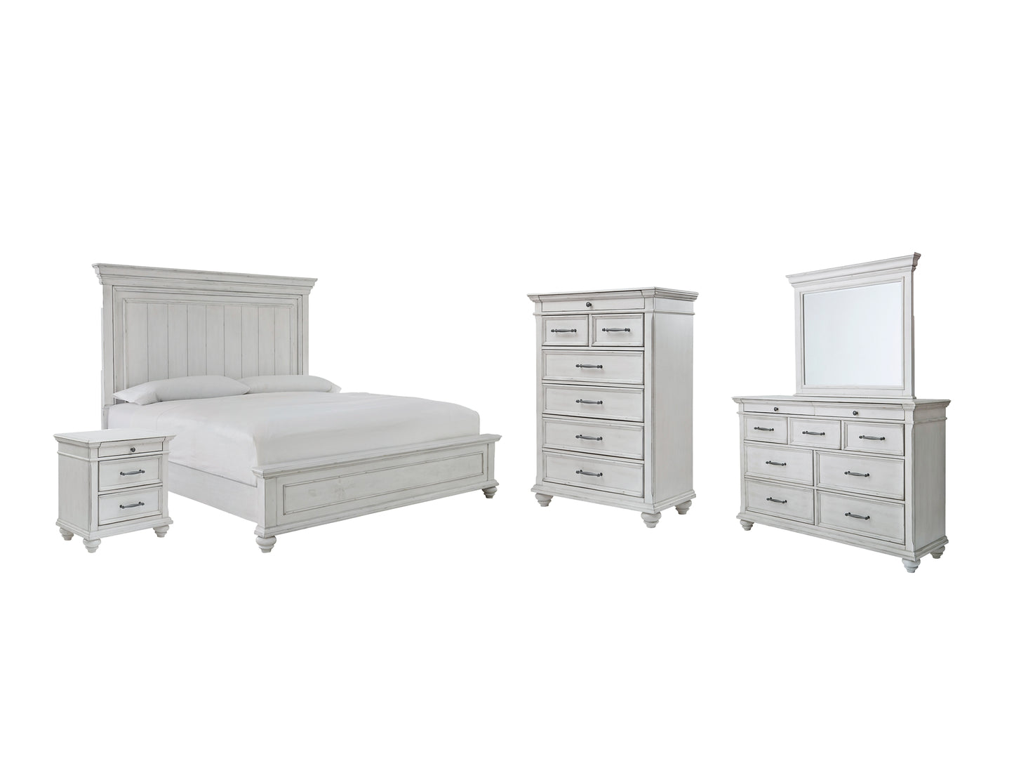 Cama con paneles Kanwyn, cómoda con espejo y mesita de noche