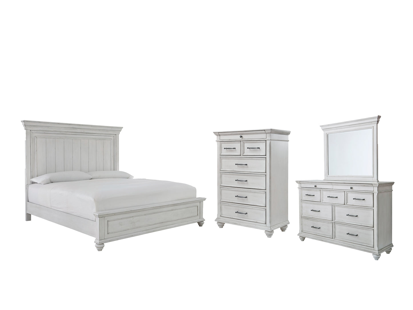 Cama con paneles Kanwyn, cómoda con espejo y arcón