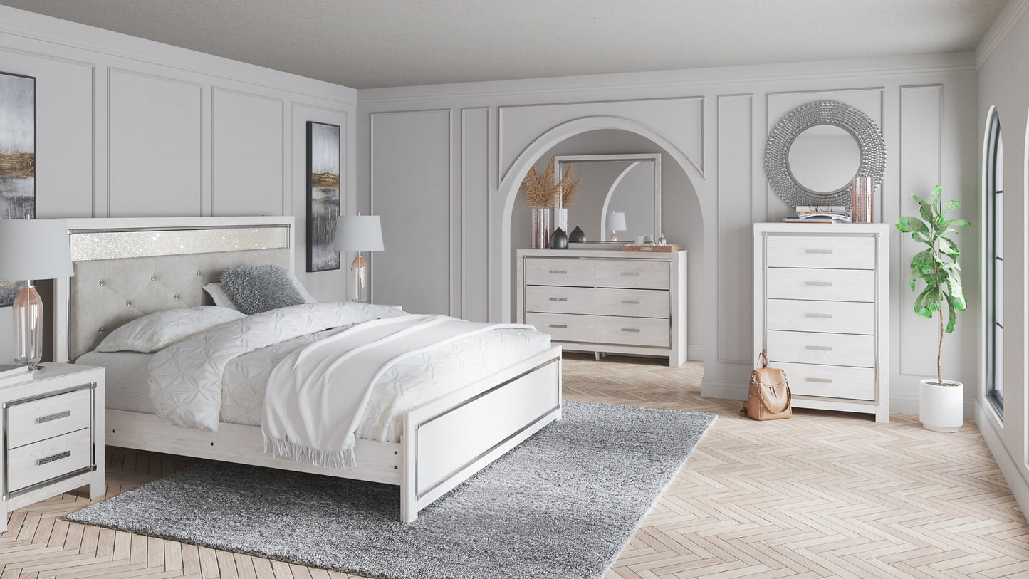 Cama Altyra con paneles, cómoda y espejo