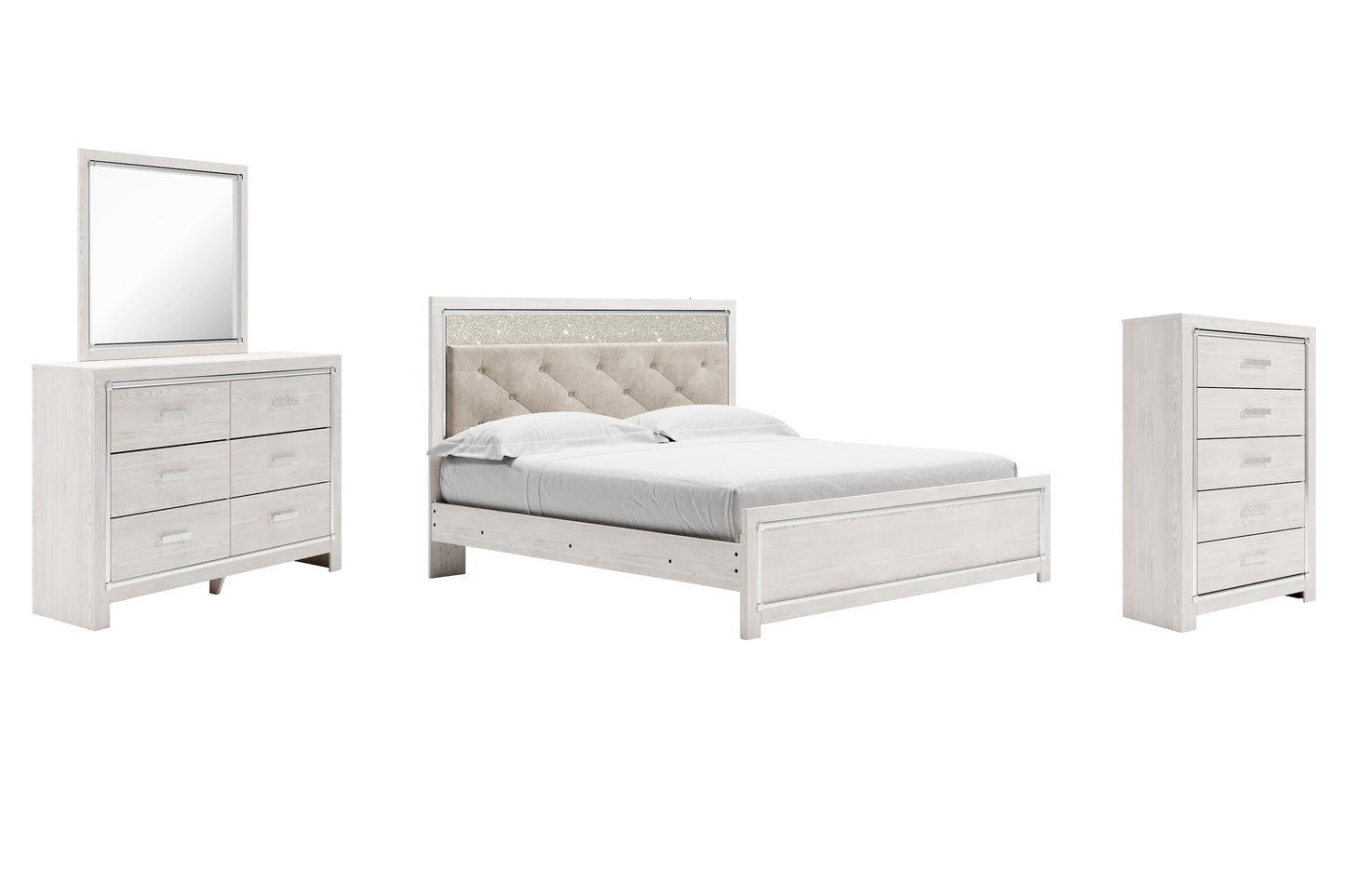 Cama Altyra con paneles, cómoda y espejo