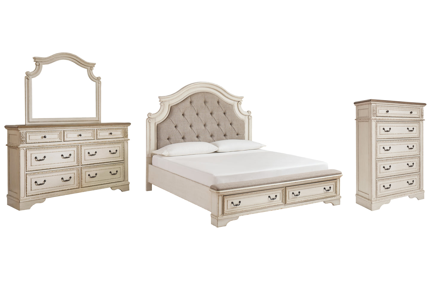 Cama tapizada Realyn con cómoda y espejo