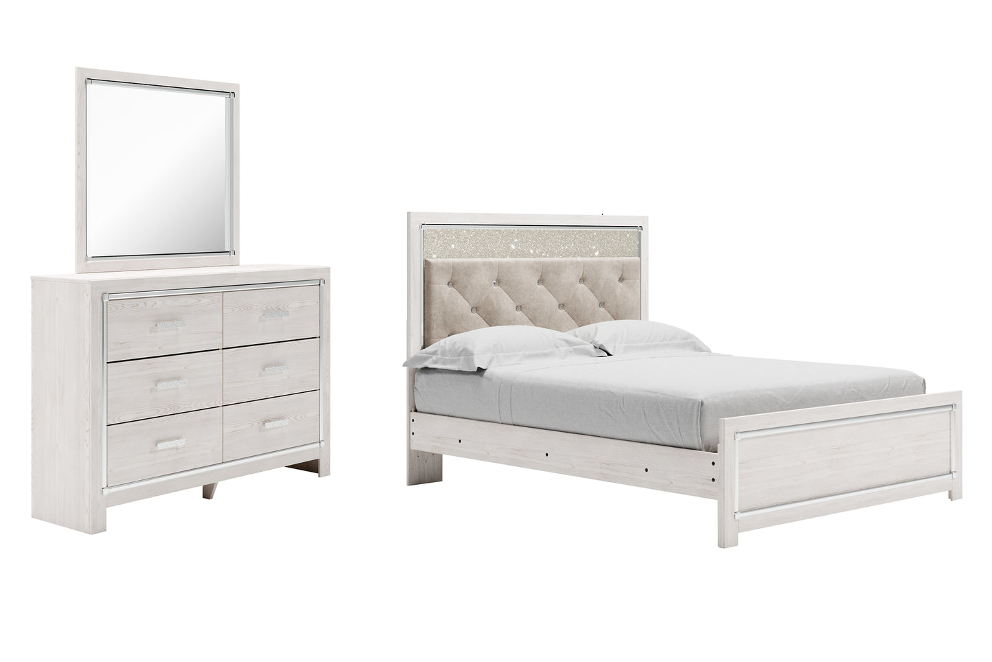 Cama con paneles Altyra y tocador con espejo
