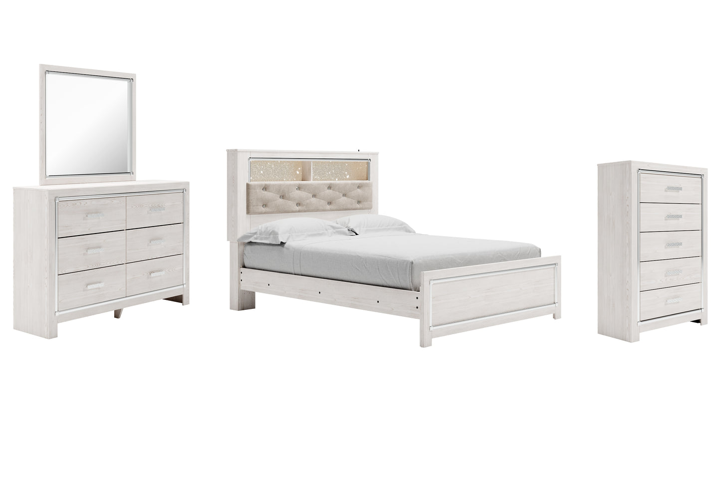 Cama-librería Altyra con paneles, cómoda y cómoda con espejo
