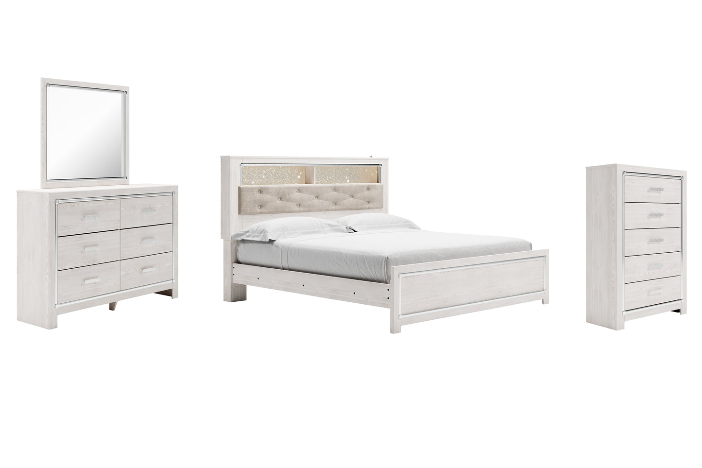 Cama-librería Altyra con paneles, cómoda y cómoda con espejo