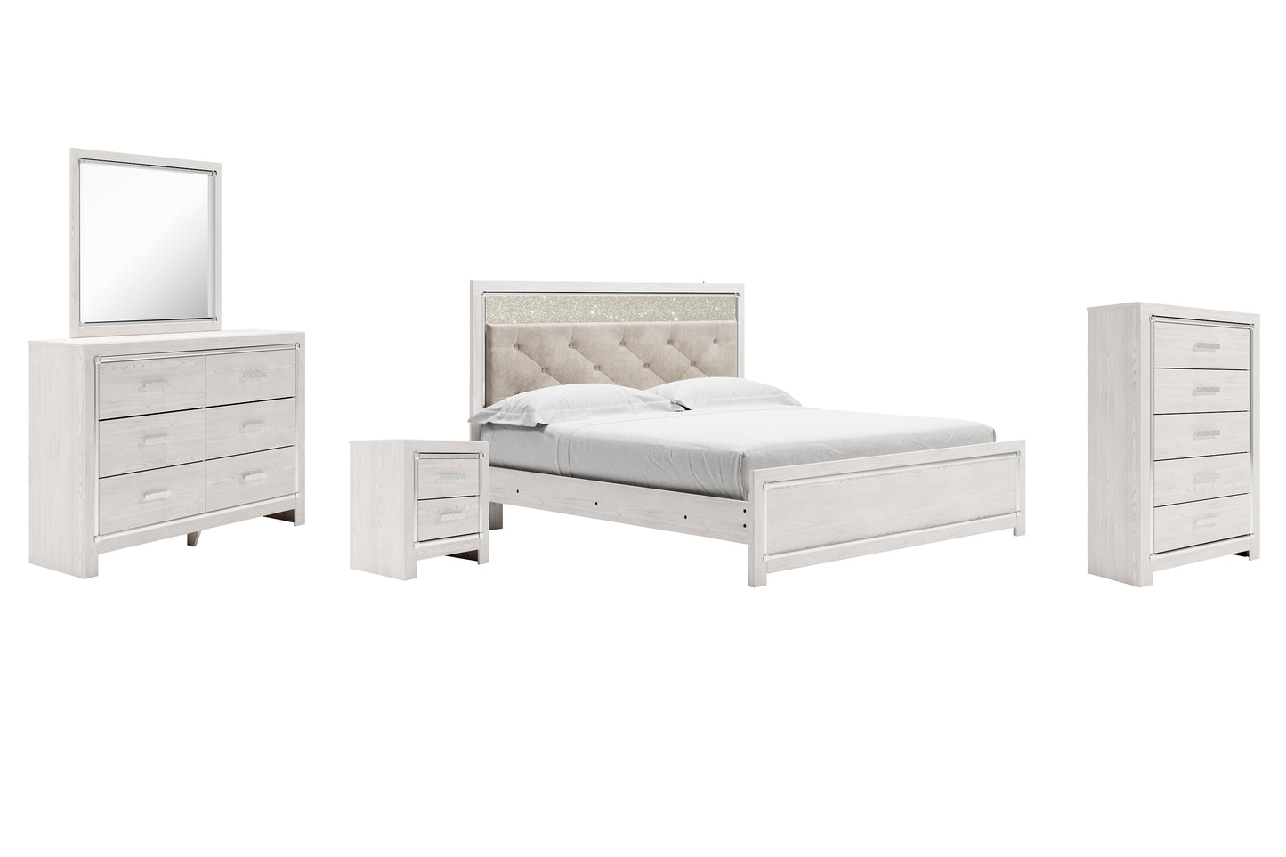Cama Altyra con paneles, cómoda con espejo y mesita de noche