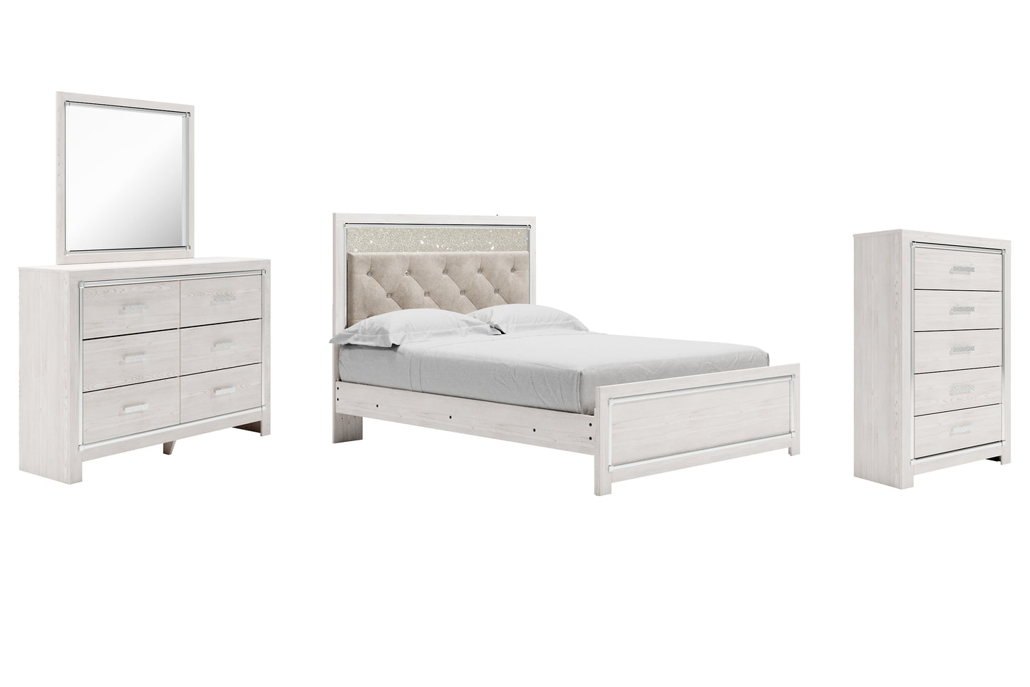 Cama Altyra con paneles, cómoda y espejo