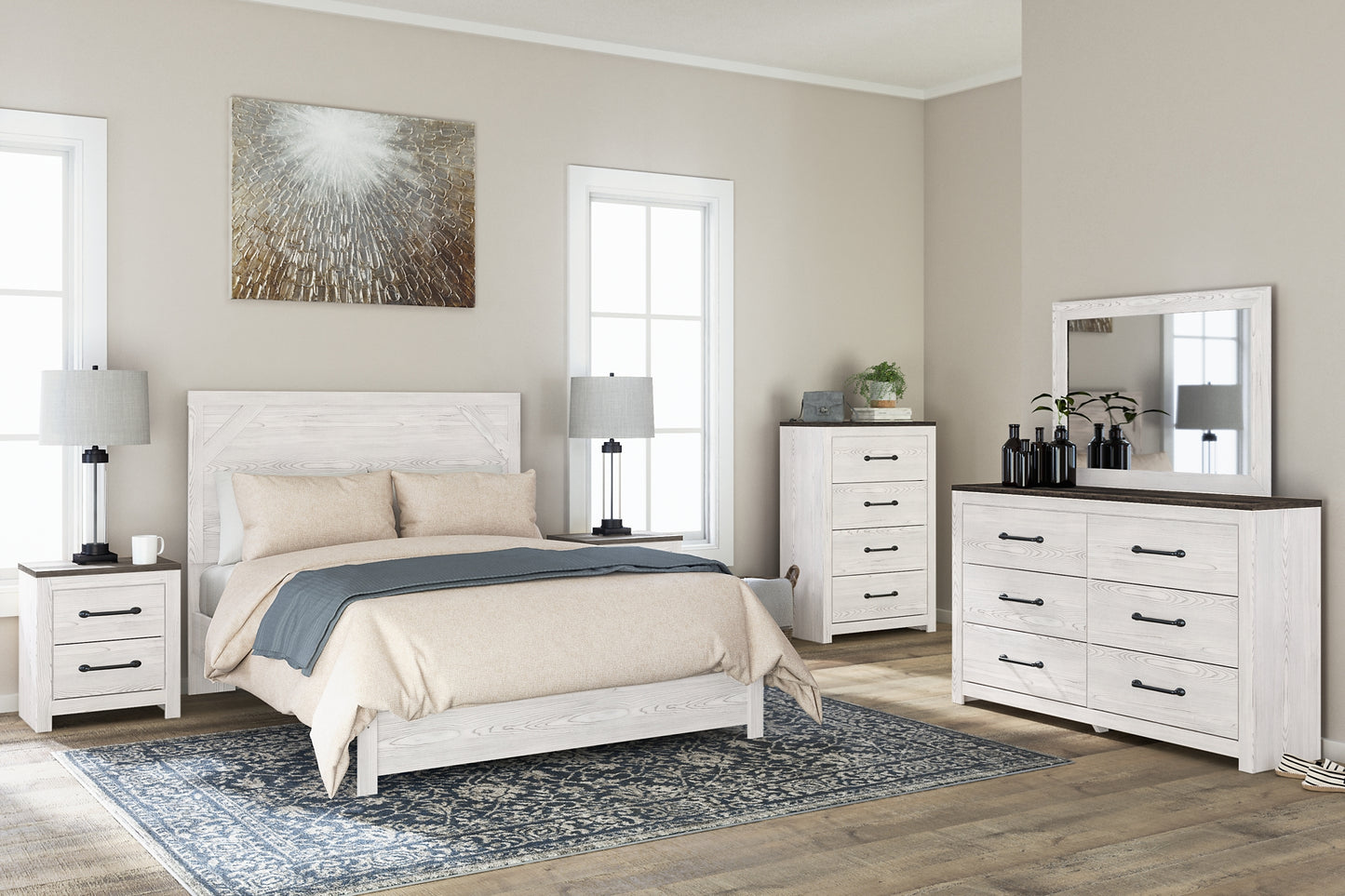 Cama con paneles Gerridan, cómoda con espejo y arcón