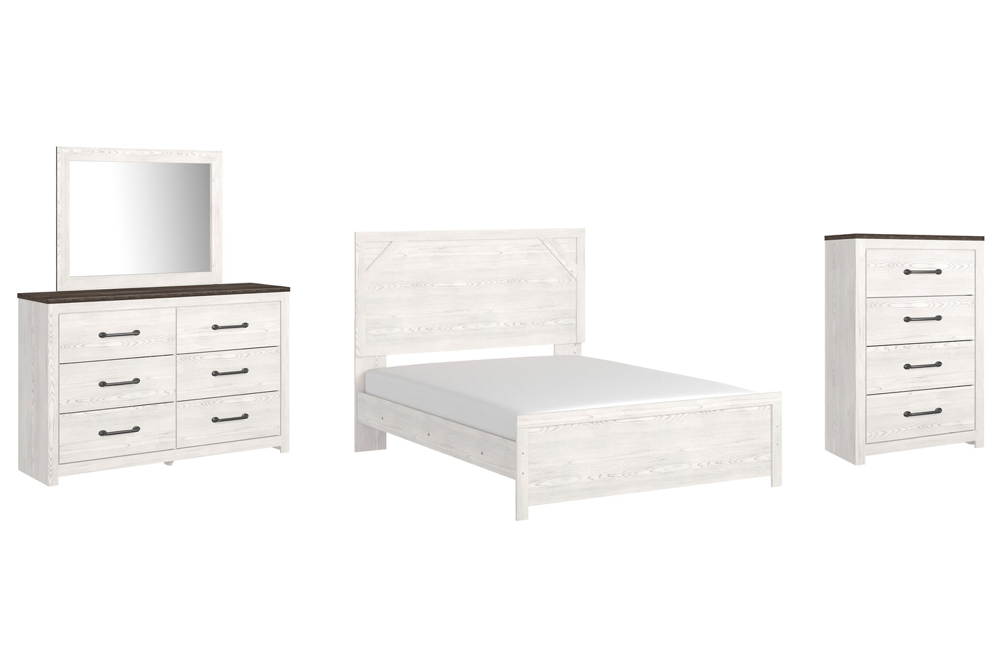 Cama con paneles Gerridan, cómoda con espejo y arcón