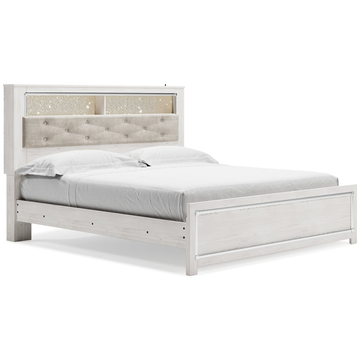 Cama-librería Altyra con paneles, cómoda con espejo, cómoda y mesita de noche