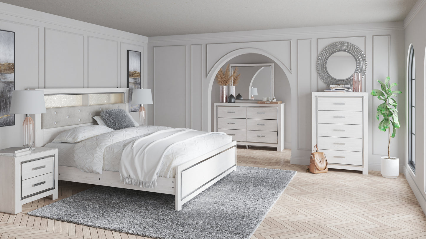 Cama-librería Altyra con paneles, cómoda con espejo, cómoda y mesita de noche