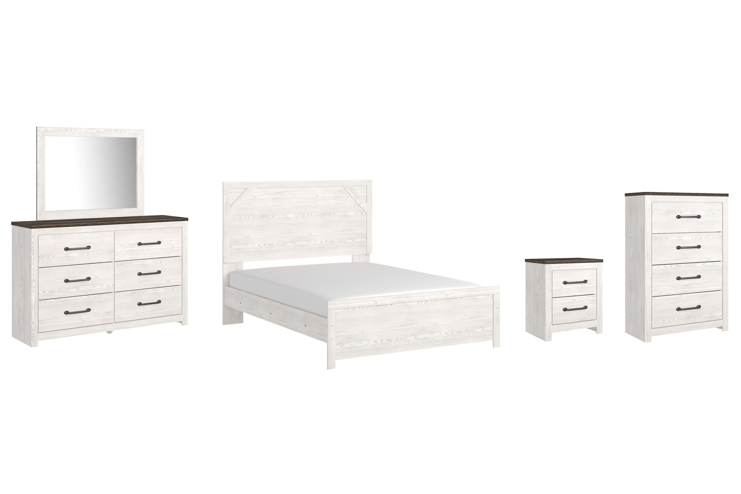 Cama Gerridan con paneles, cómoda con espejo y mesita de noche