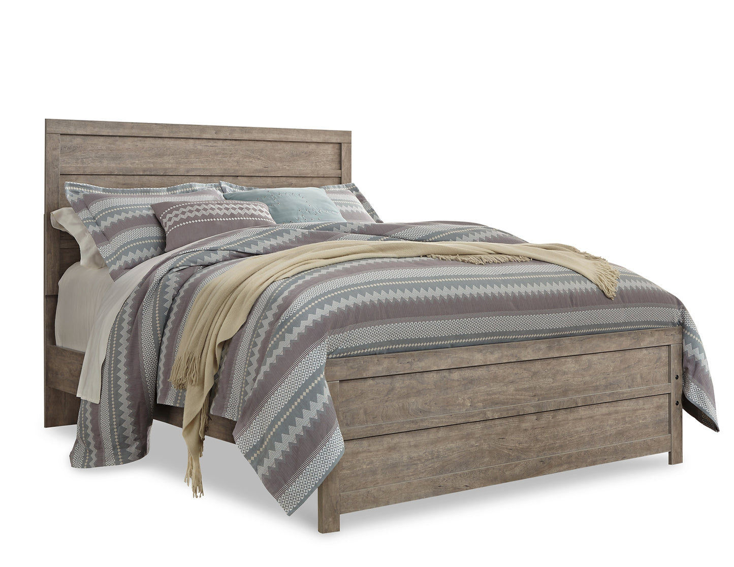 Cama con paneles Culverbach, cómoda con espejo y arcón