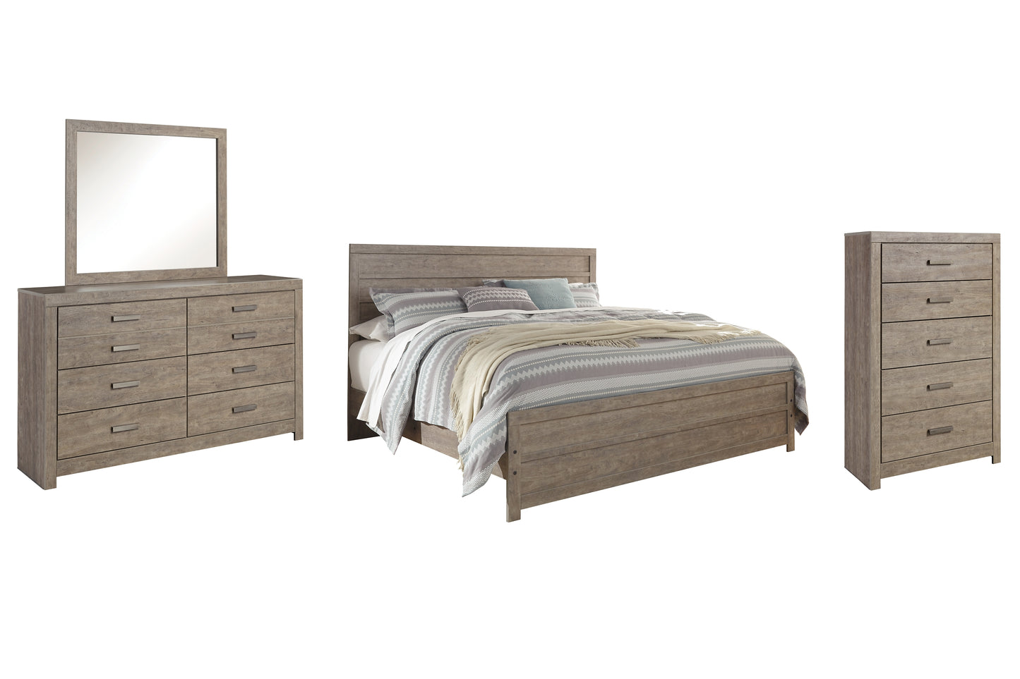 Cama con paneles Culverbach, cómoda con espejo y arcón