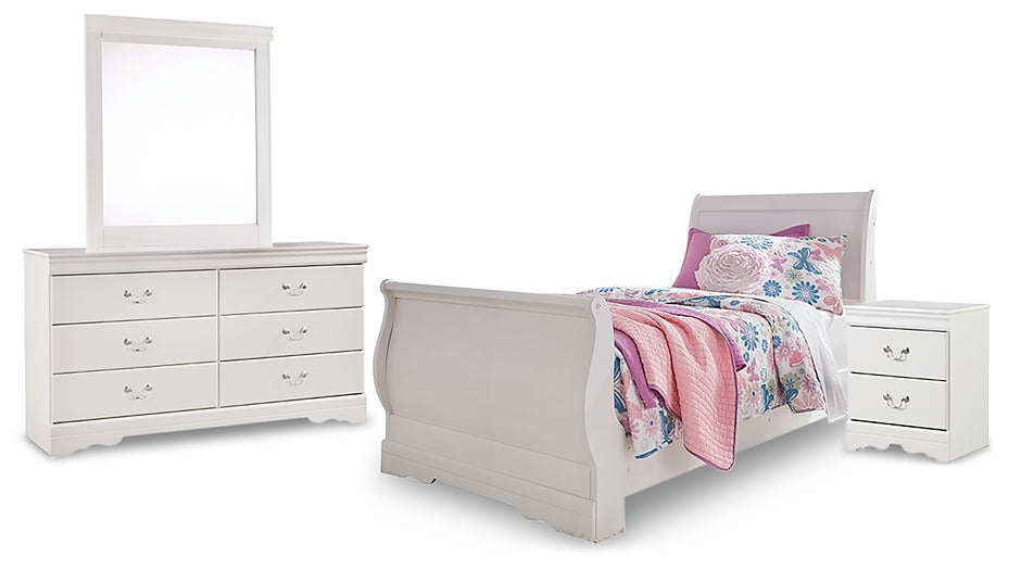 Cama tipo trineo Anarasia con tocador con espejo y mesita de noche