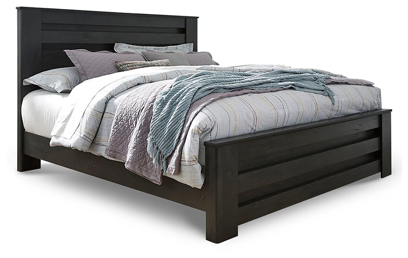 Cama con paneles Brinxton, tocador con espejo y mesita de noche