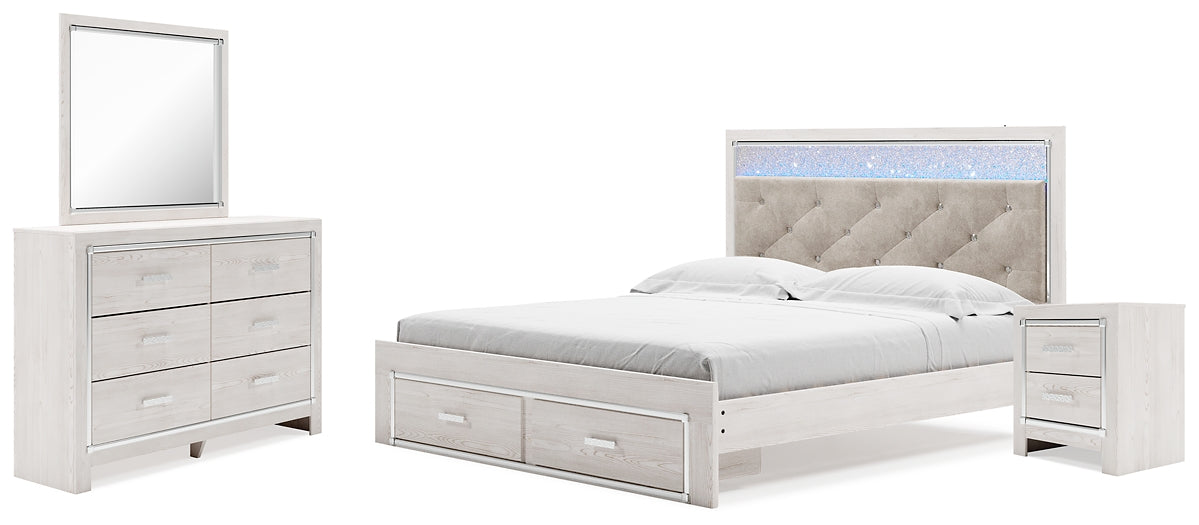 Cama Altyra tapizada con almacenaje, cómoda con espejo y mesita de noche