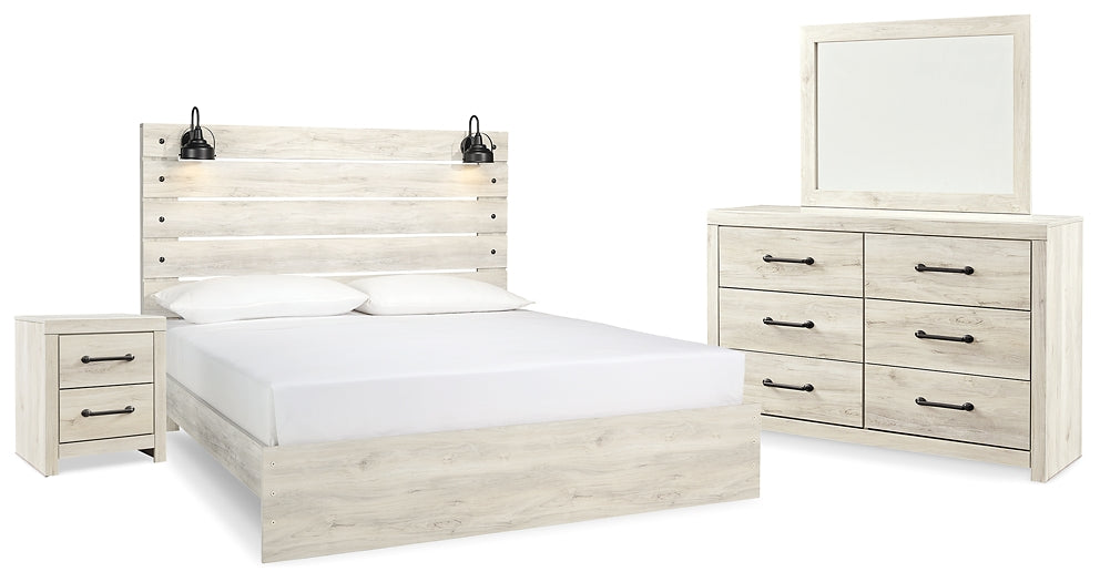 Cama con paneles Cambeck, cómoda con espejo y mesita de noche