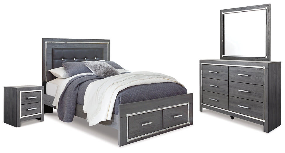 Cama Lodanna con dos cajones, cómoda con espejo y mesita de noche