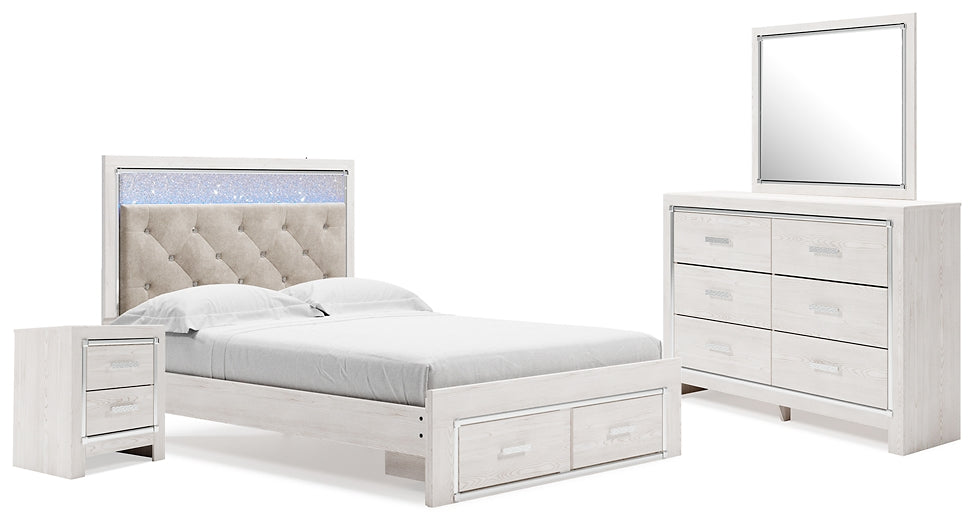Cama Altyra tapizada con almacenaje, cómoda con espejo y mesita de noche