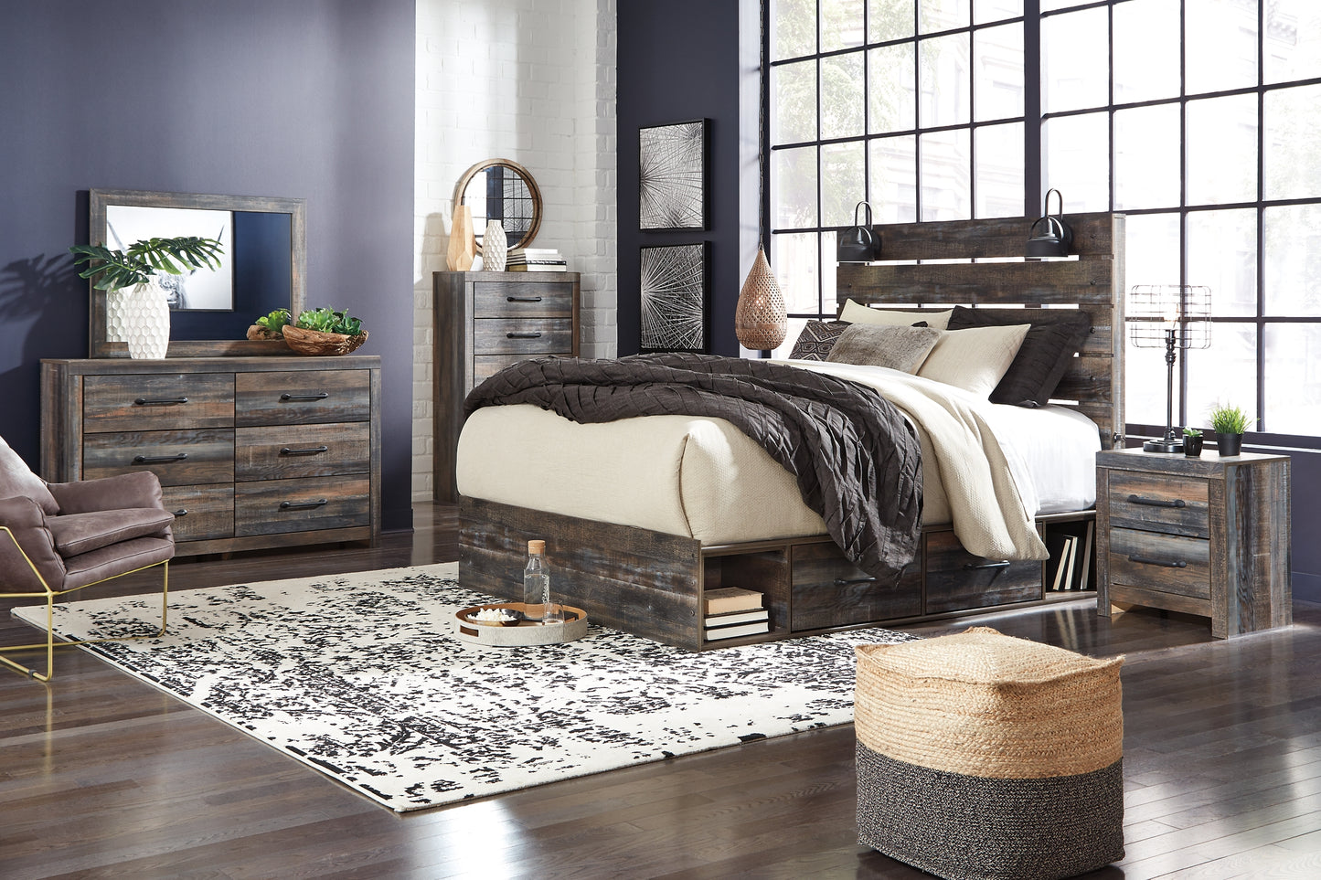 Cama Drystan con dos cajones, cómoda con espejo y mesita de noche