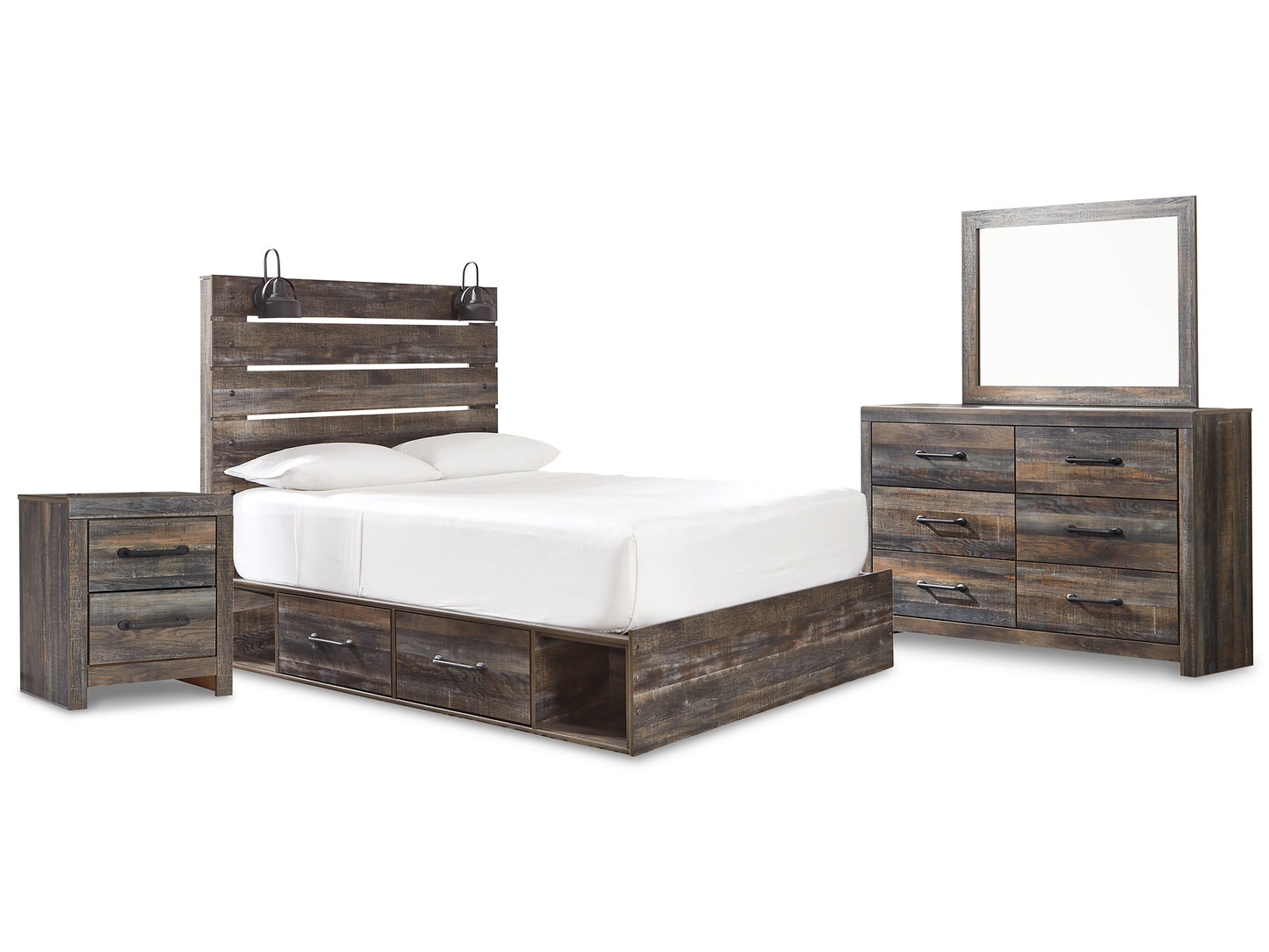 Cama Drystan con dos cajones, cómoda con espejo y mesita de noche