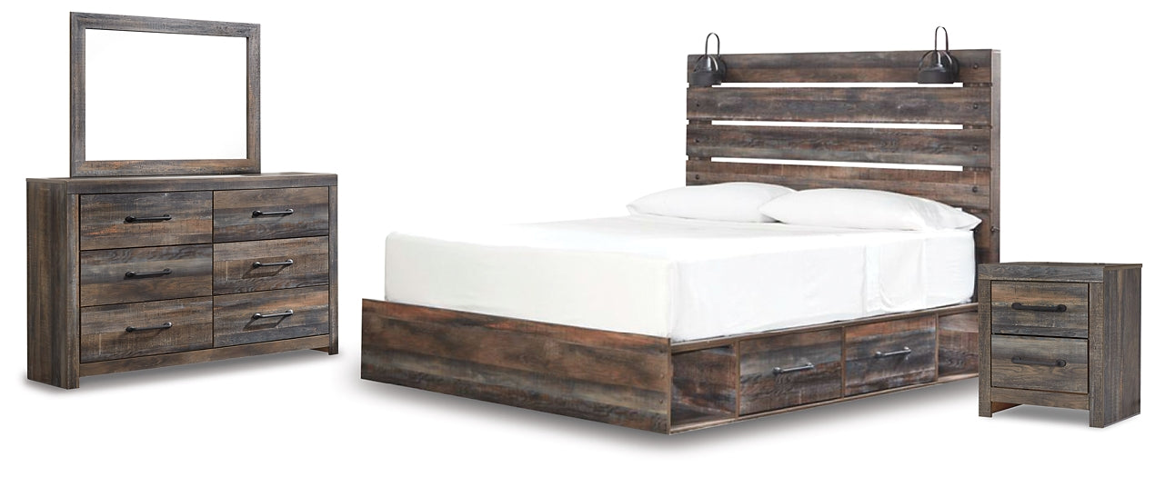 Cama Drystan con dos cajones, cómoda con espejo y mesita de noche