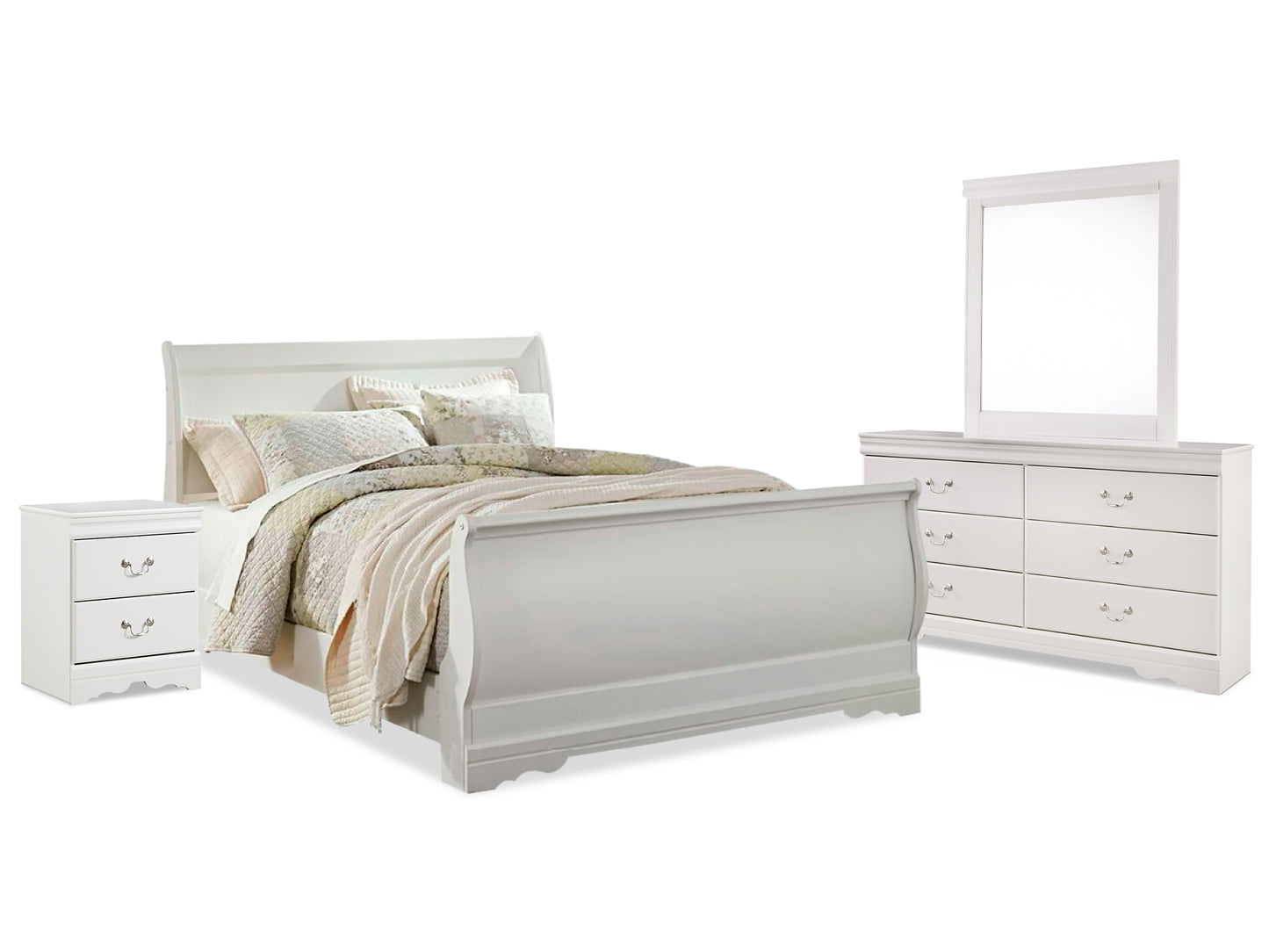 Cama tipo trineo Anarasia con tocador con espejo y mesita de noche
