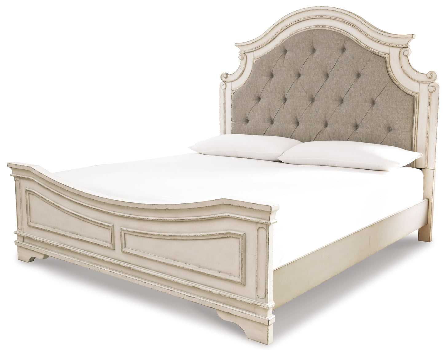 Cama tapizada Realyn con tocador y mesita de noche con espejo
