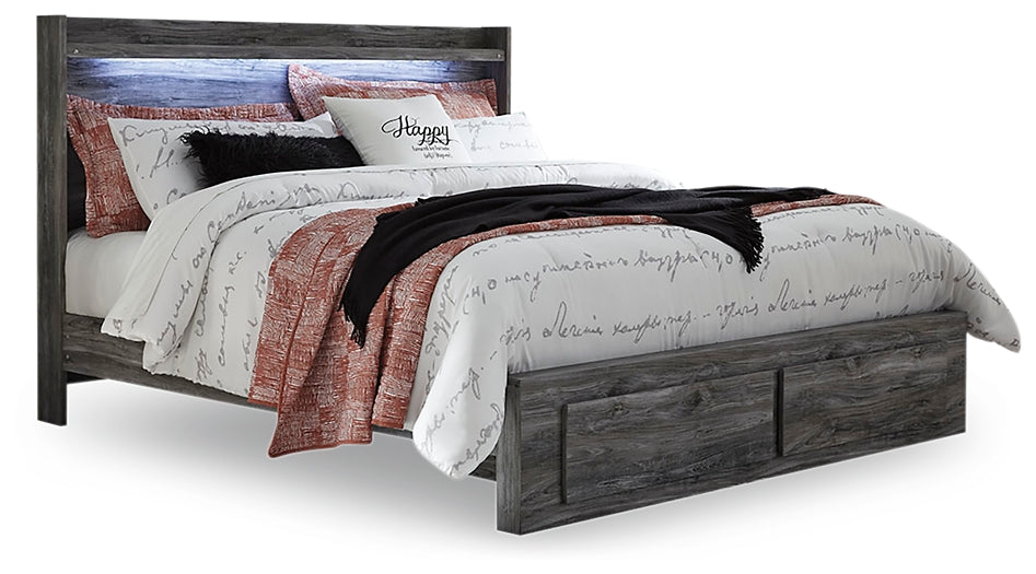 Cama Baystorm con dos cajones, cómoda con espejo y mesita de noche