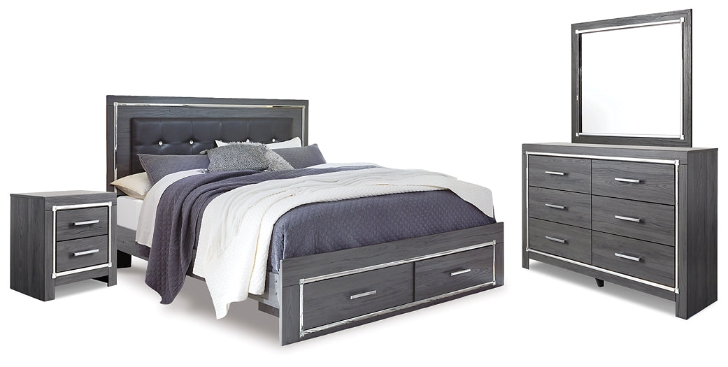 Cama Lodanna con dos cajones, cómoda con espejo y mesita de noche