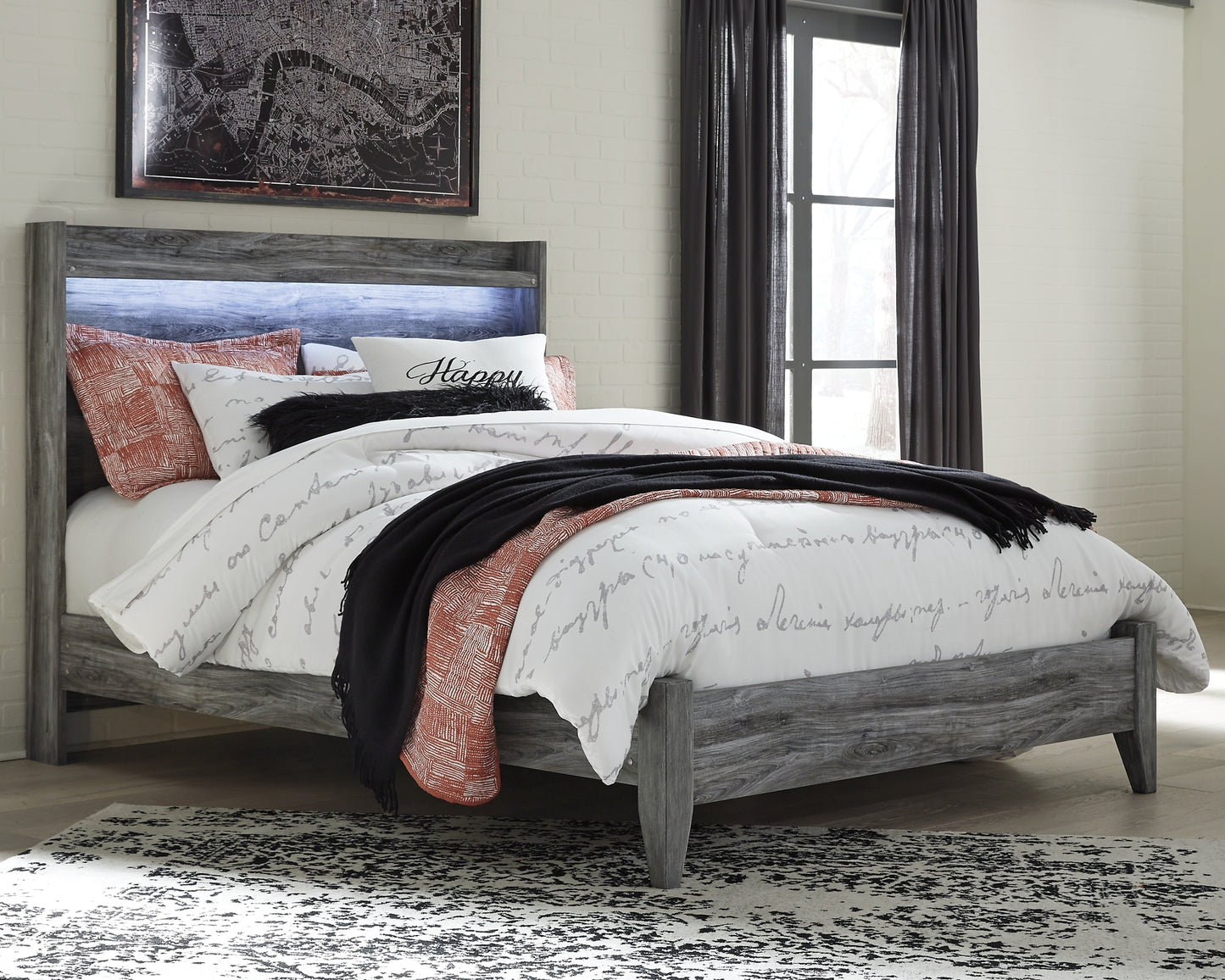 Cama con paneles Baystorm, tocador con espejo y mesita de noche