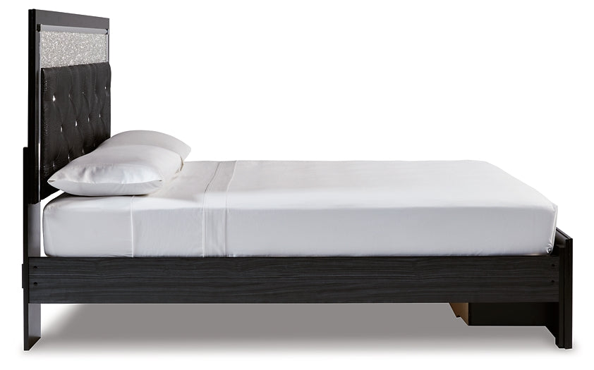 Cama con plataforma de almacenamiento y paneles tapizados Kaydell