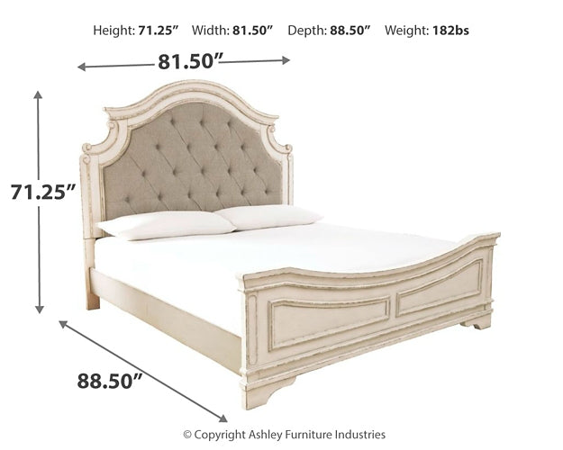 Cama tapizada Realyn con paneles y tocador con espejo