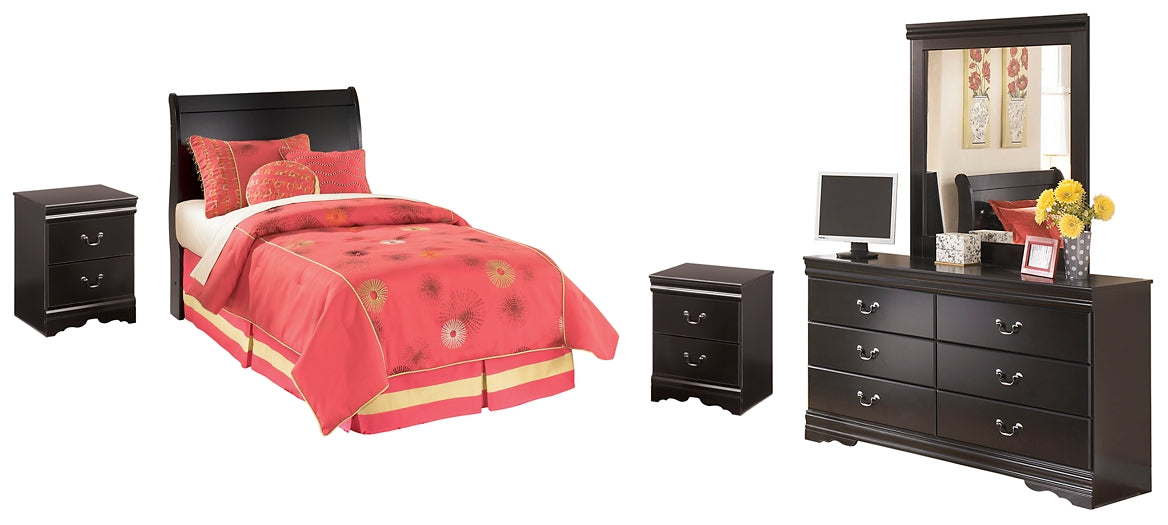 Huey Vineyard Sleigh Headboard With Mirrored Dresser And 2 Nightstands