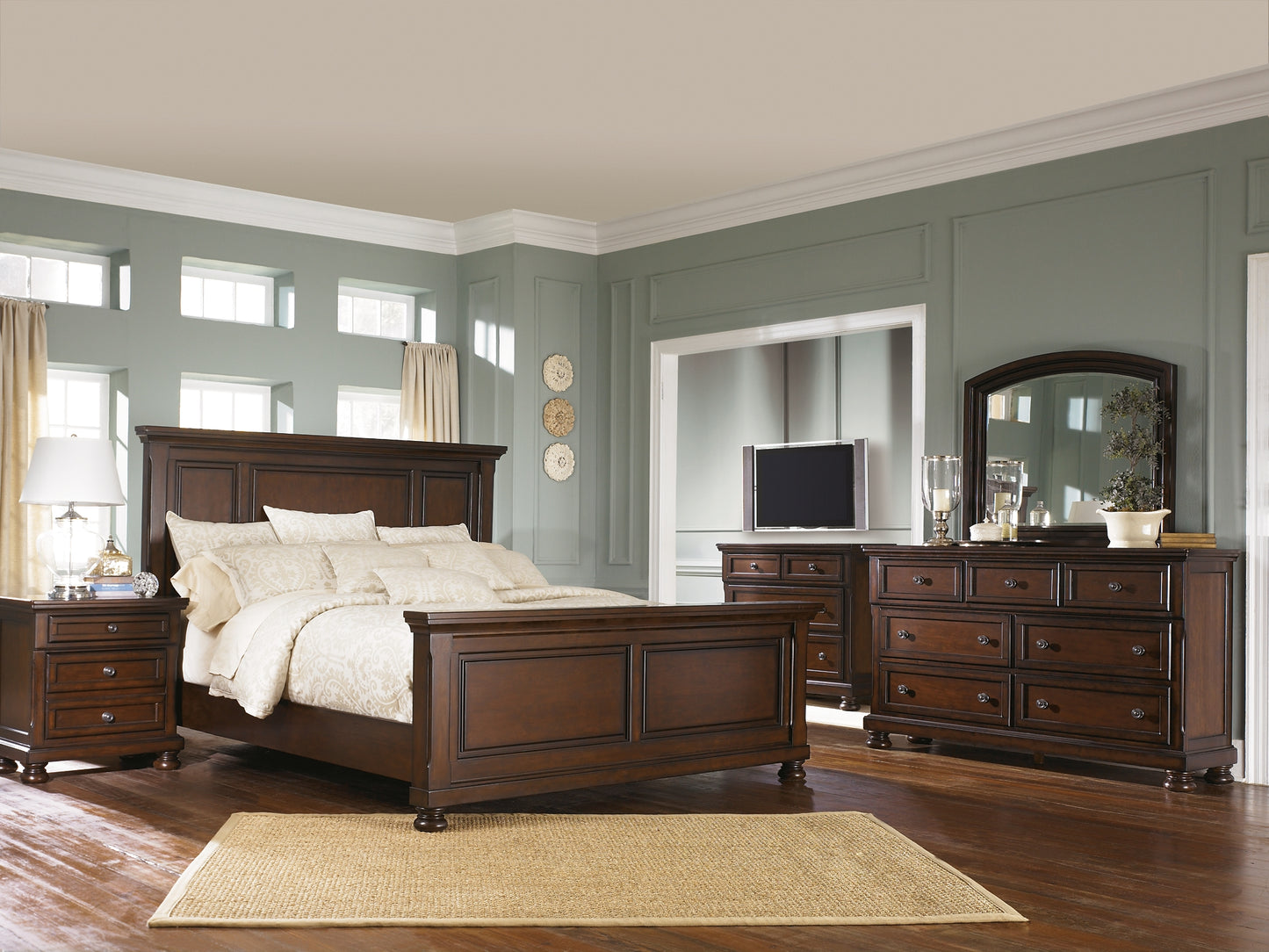 Cama Porter con paneles y tocador con espejo
